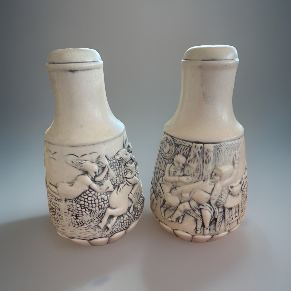 Vintage German-Style Salt Pepper Shakers Witch Rider Folklore EB Marked Pair